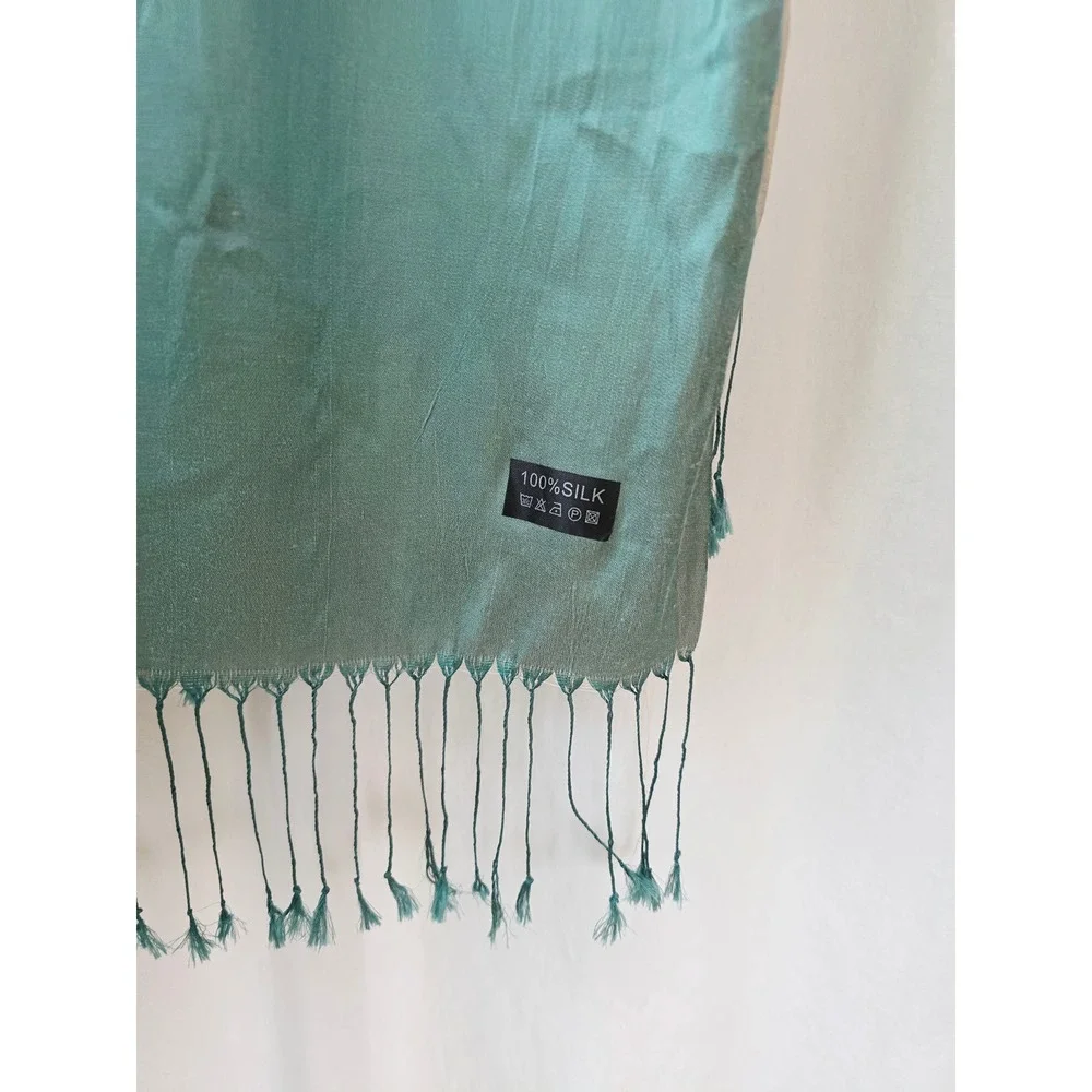 100% Silk Scarf Teal ecru Reversible Fringe Wrap Shawl 27x86